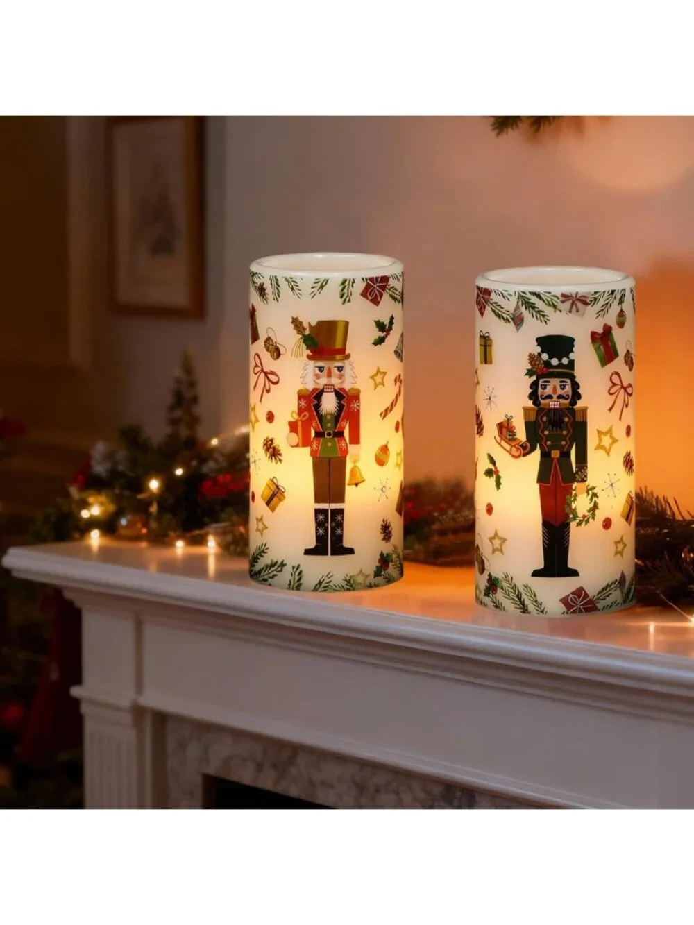 Flameless Nutcracker Pillar Candles with Remote Timer | 2 Pack, Battery Operated